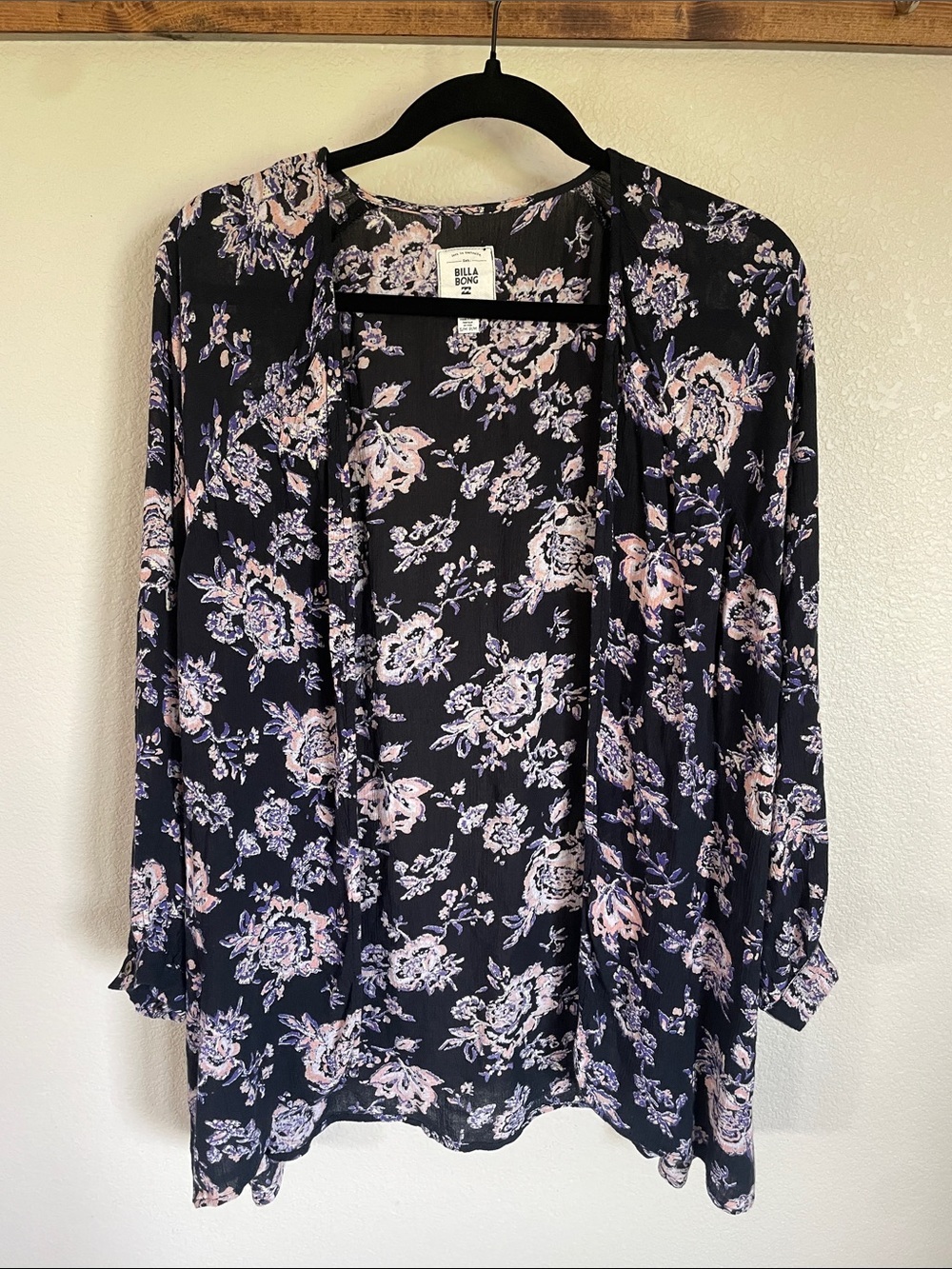 Billabong Black Floral Open Front Lightweight Cardigan Swim Cover S/M Beach Boho